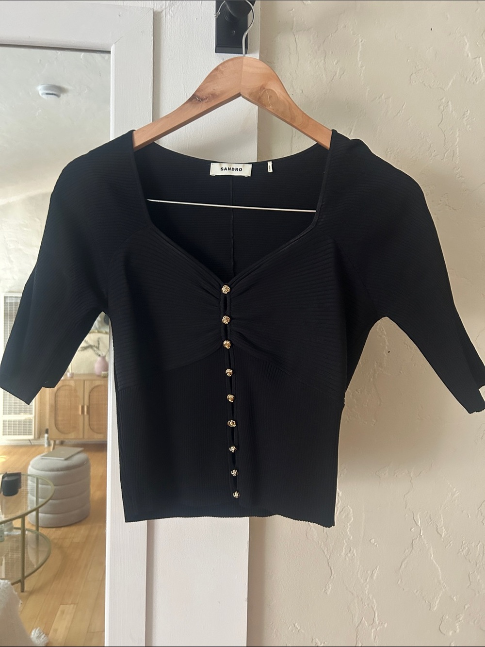 Sandro Black Ribbed Crop Top with Gold Buttons